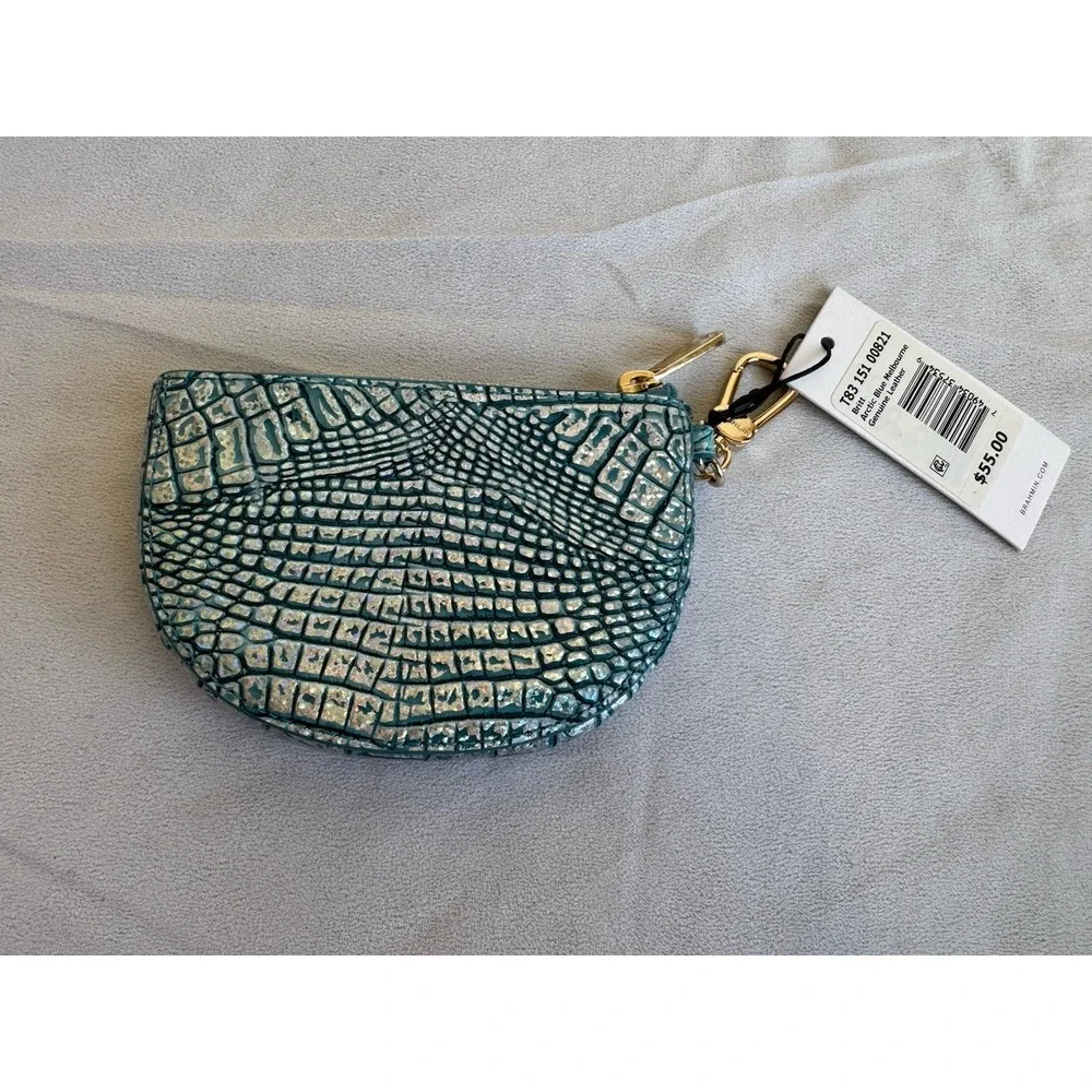 Brahmin Britt Arctic Blue Melbourne Croc Leather Clip On Coin Holder Charm Gold
